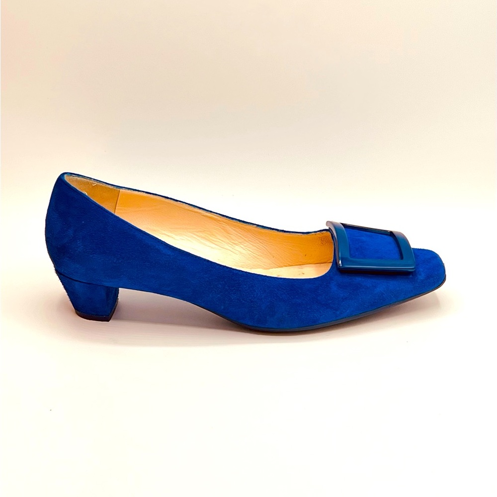 New Luxury Italian Brown Couture Blue 1” Heel Suede W/Buckle Size 36.5, US 6